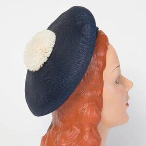 Vintage Beret with Raffia Pom Pom - Blue Straw Beret - 1950s 1960s